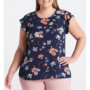 Les Serein Navy Floral Katrina Ruffle Detail Blouse Womens Size 2X